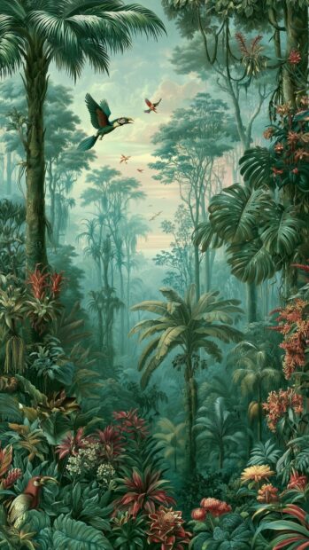 A vibrant tropical forest wallpaper featuring exotic plants, tall palm trees, and colorful birds flying through the jungle canopy