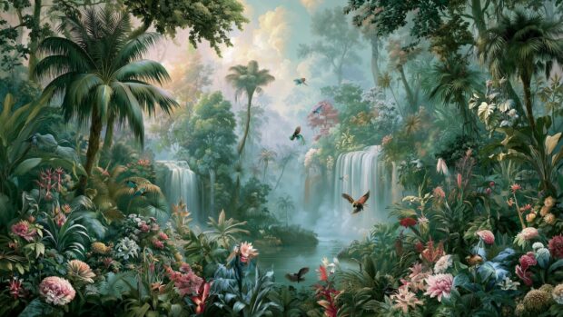 Forest wallpaper depicting a lush tropical jungle with multiple waterfalls, exotic birds, and vibrant flowers