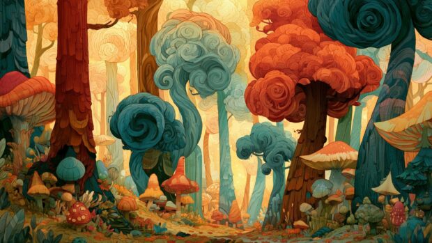 A vibrant Forest Wallpaper featuring a whimsical, colorful scene with giant mushrooms and stylized trees