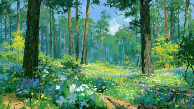 Forest wallpaper illustrating a vibrant wildflower field in a forest clearing under a bright blue sky