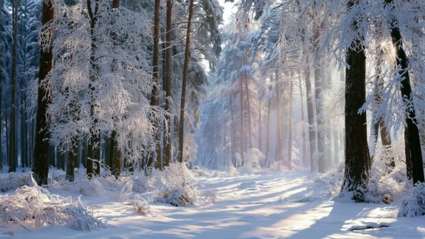 A beautiful forest wallpaper depicting a serene winter landscape with snow-covered trees and ground, bathed in soft sunlight