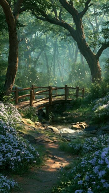 A tranquil Forest Wallpaper showing a wooden bridge crossing a small stream surrounded by lush greenery and white flowers