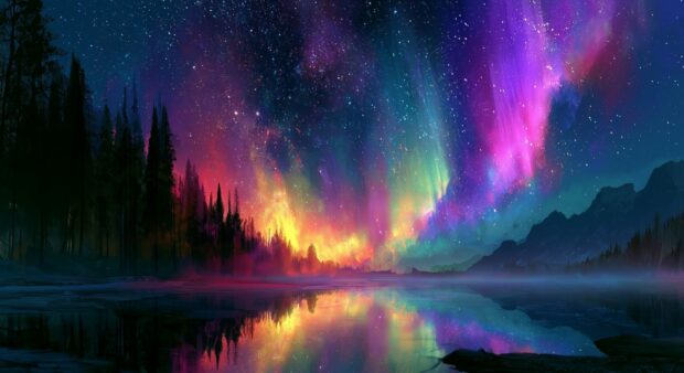 A breathtaking Galaxy Wallpaper featuring aurora borealis lights over a dark forest and a reflective lake