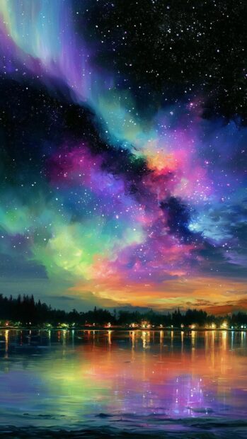 A vibrant Galaxy Wallpaper featuring a colorful aurora sky reflecting over a calm lake with a distant city skyline