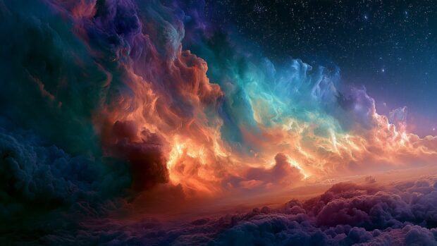 A vibrant Galaxy Wallpaper featuring colorful nebula clouds in orange, purple, and blue against a starry sky