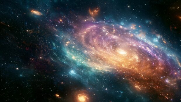 Galaxy wallpaper featuring a vibrant spiral galaxy with colorful arms and sparkling star clusters