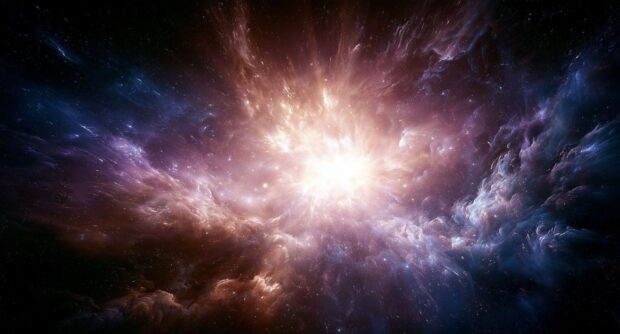 Galaxy wallpaper featuring a vibrant cosmic explosion nebula with purple, orange, and blue hues