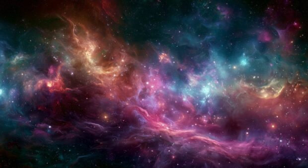 Galaxy Wallpaper showcasing a dense and colorful cosmic nebula with shades of red, blue, and purple, filled with bright stars