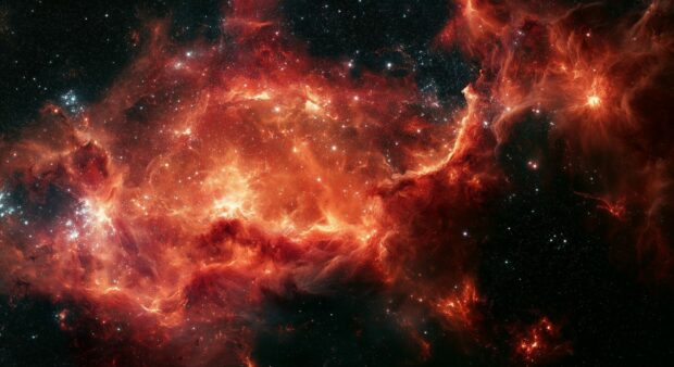 A vibrant Galaxy Wallpaper showcasing a fiery red and orange nebula with twinkling stars