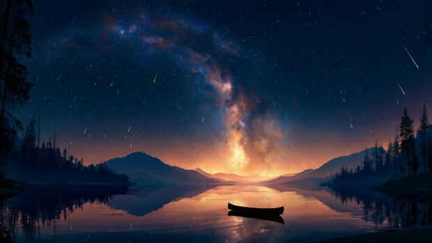Galaxy wallpaper showing a serene night sky over a lake with a canoe and mountains under a vibrant galaxy