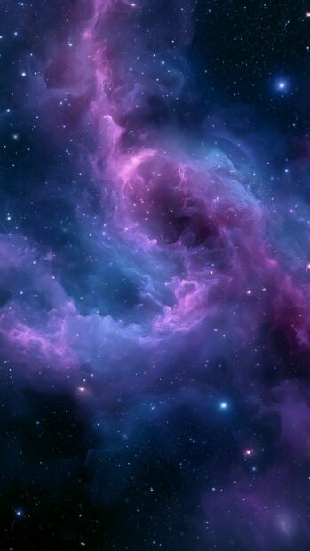 A beautiful Galaxy Wallpaper with a mesmerizing purple and blue nebula amidst cosmic dust and scattered stars