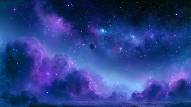 Galaxy Wallpaper with dreamy purple and blue nebula clouds and a lone planet amidst stars