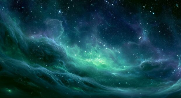 Galaxy Wallpaper featuring a serene green and teal nebula with glowing cosmic dust