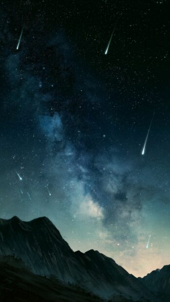 A stunning Galaxy Wallpaper featuring a dark night sky with numerous shooting stars over majestic mountains