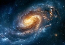 A magnificent Galaxy Wallpaper featuring a large spiral galaxy with a bright yellow core and surrounding blue nebula