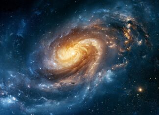 A magnificent Galaxy Wallpaper featuring a large spiral galaxy with a bright yellow core and surrounding blue nebula