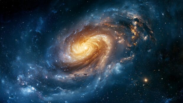 A magnificent Galaxy Wallpaper featuring a large spiral galaxy with a bright yellow core and surrounding blue nebula