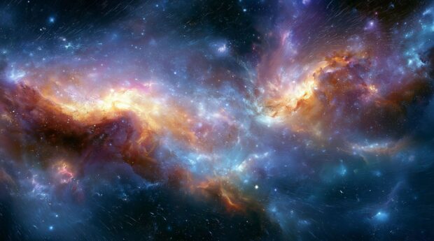 Galaxy Wallpaper showcasing a swirling, colorful nebula in shades of blue, orange, and purple