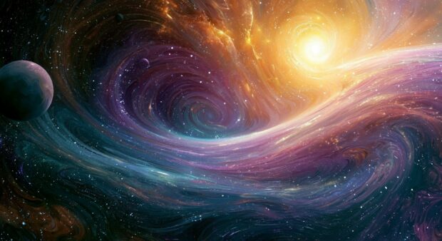 A mesmerizing Galaxy Wallpaper depicting a swirling spiral galaxy with a bright core and a planet in the foreground