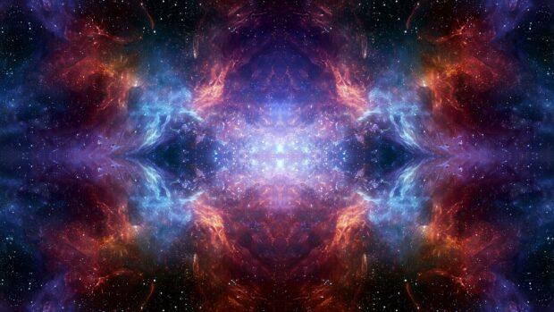 Galaxy Wallpaper featuring a symmetrical cosmic nebula with vibrant red, blue, and purple colors