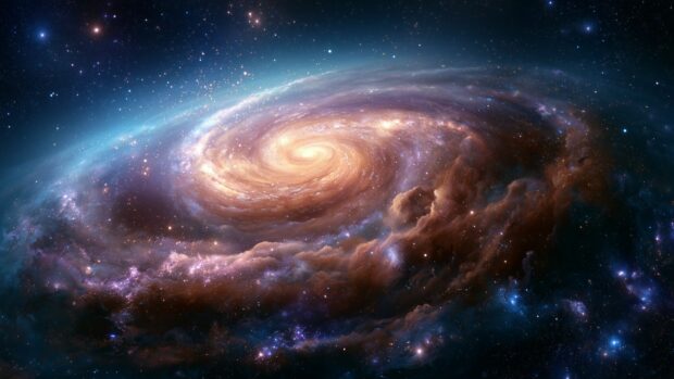 Galaxy Wallpaper featuring a vibrant blue and orange spiral galaxy with a bright core and many stars