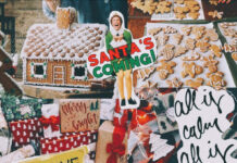 Christmas Collage Wallpaper featuring a vibrant collection of Christmas elements including a gingerbread house, cookies, gifts, Elf, Grinch, and festive text