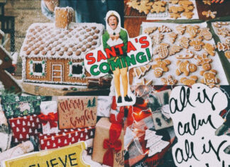 Christmas Collage Wallpaper featuring a vibrant collection of Christmas elements including a gingerbread house, cookies, gifts, Elf, Grinch, and festive text