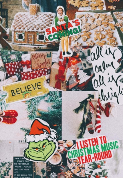 Christmas Collage Wallpaper featuring a vibrant collection of Christmas elements including a gingerbread house, cookies, gifts, Elf, Grinch, and festive text