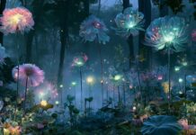 A magical flower wallpaper depicting a fantasy forest filled with glowing, bioluminescent flowers in a dark, enchanted setting