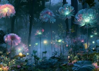 A magical flower wallpaper depicting a fantasy forest filled with glowing, bioluminescent flowers in a dark, enchanted setting