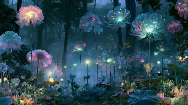 A magical flower wallpaper depicting a fantasy forest filled with glowing, bioluminescent flowers in a dark, enchanted setting