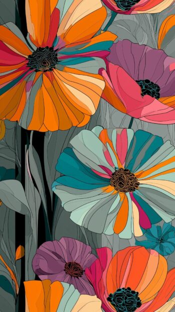 Flower Wallpaper displaying a graphic, colorful pattern of stylized poppy-like blooms