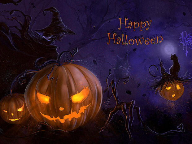 A spooky Halloween iPad wallpaper featuring glowing jack-o'-lanterns and a witch against a dark purple night sky