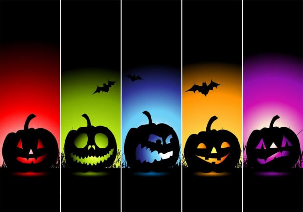 A vibrant Halloween iPad wallpaper featuring five silhouette pumpkins with glowing faces and flying bats against colorful gradient backgrounds
