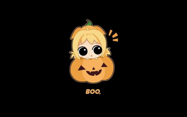 A cute anime character peeking from a jack-o'-lantern on a minimalist black Halloween iPad wallpaper with 