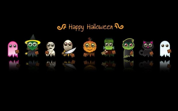 A fun Halloween iPad wallpaper featuring a line of cute cartoon Halloween characters on a simple black background