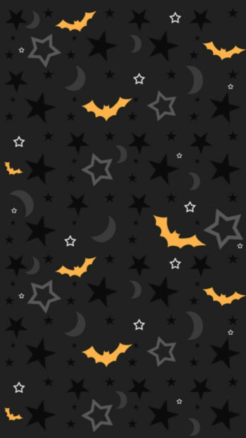 A Halloween iPad wallpaper featuring a seamless pattern of orange bats, stars, and crescent moons on a dark background
