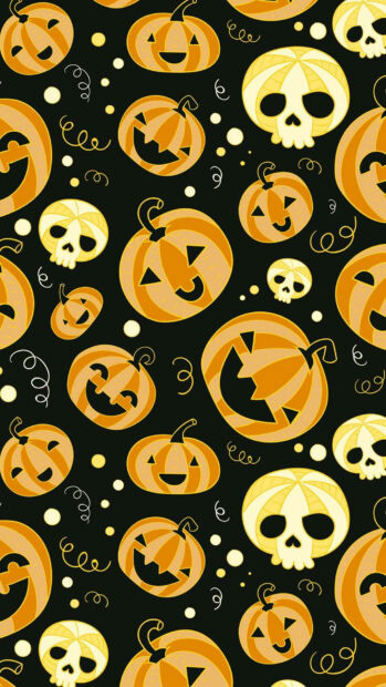 A fun Halloween iPad wallpaper displaying a seamless pattern of orange jack-o'-lanterns and white skulls on a dark background