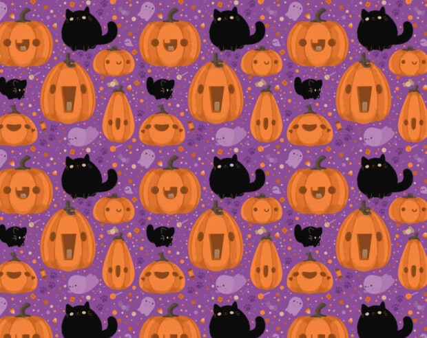 A vibrant purple Halloween iPad wallpaper displaying a playful pattern of black cats, pumpkins, and ghosts