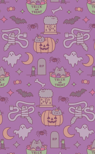 A cute Halloween iPad wallpaper featuring a seamless pattern of Pusheen the cat in costumes and other spooky elements on a purple background