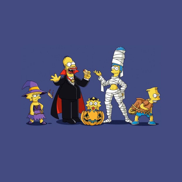 A fun Halloween iPad wallpaper displaying The Simpsons family dressed in various Halloween costumes against a blue background