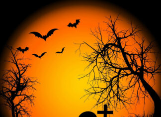A classic spooky Halloween iPad wallpaper showcasing a full orange moon, silhouetted trees, bats, a graveyard, and glowing pumpkins