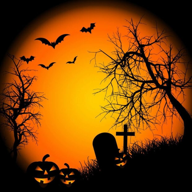 A classic spooky Halloween iPad wallpaper showcasing a full orange moon, silhouetted trees, bats, a graveyard, and glowing pumpkins