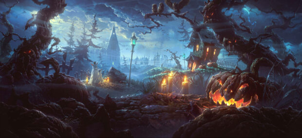 A mystical Halloween iPad wallpaper featuring a haunted night scene with a glowing jack-o'-lantern and a ghostly figure