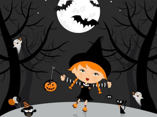 A whimsical Halloween iPad wallpaper featuring a cute witch girl, bats, ghosts, and a full moon in a spooky forest