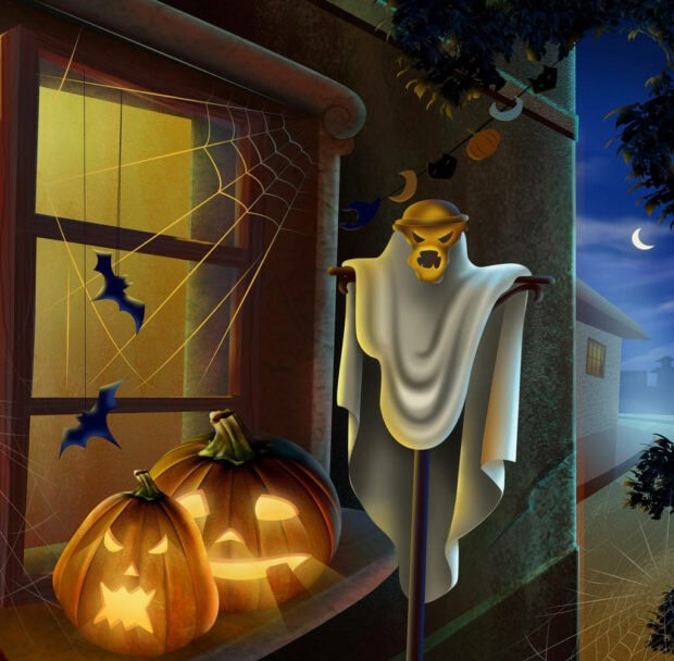 A Halloween iPad wallpaper showing jack-o'-lanterns on a window sill with a ghost scarecrow and bats