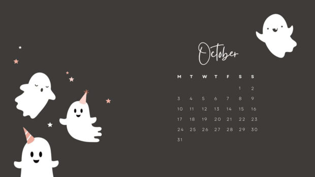 A cute Halloween Macbook Wallpaper showing a minimalist October calendar with adorable cartoon ghosts wearing party hats and small stars on a dark background
