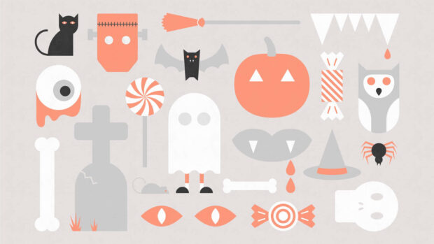 A light grey Halloween Macbook Wallpaper featuring a collection of flat design Halloween elements like pumpkins, ghosts, bats, and candies