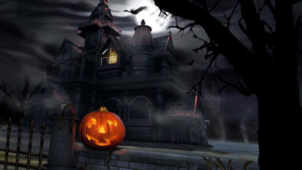 A spooky Halloween Macbook Wallpaper featuring a haunted house, a full moon, bats, and a glowing jack-o'-lantern