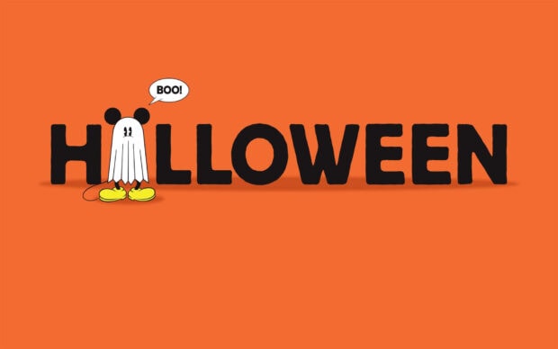 An orange Halloween Macbook Wallpaper with the word "HALLOWEEN" in black, where a cartoon ghost with Mickey Mouse ears says "BOO!" replacing the 'O'